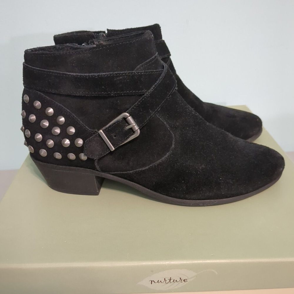 NURTURE black suede Brass Rivets ANKLE BOOT * BOOTIE 7.5 flint Punk Goth Buckle